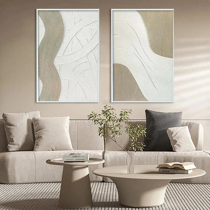 Textured White Lines Diptych – Wabi-Sabi Abstract Oil Painting, view 2