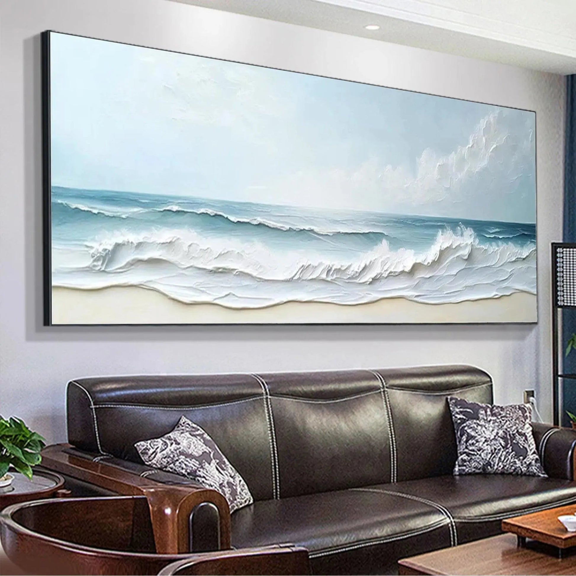 Ocean Waves hand-painted ocean blue, ivory and soft neutral tones textured seascape painting rolled canvas option