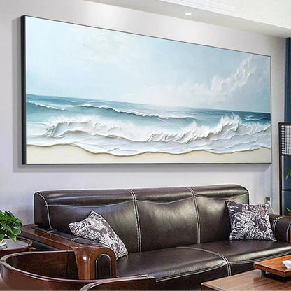Ocean Waves hand-painted ocean blue, ivory and soft neutral tones textured seascape painting rolled canvas option
