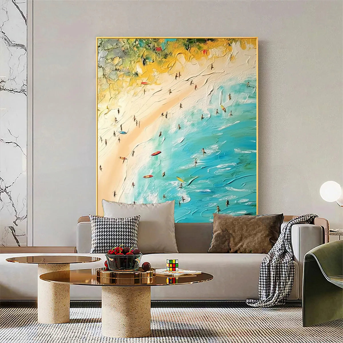 Seaside Reverie hand-painted sand and ivory textured beach scene painting shown with black frame