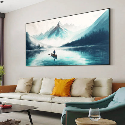 Solitude's Embrace hand-painted slate blue, ivory and soft grey textured mountain lake painting shown with black frame