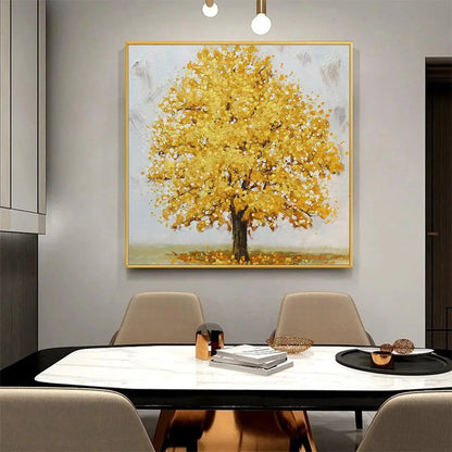 Golden Majesty hand-painted gold and ivory textured tree painting shown with white frame