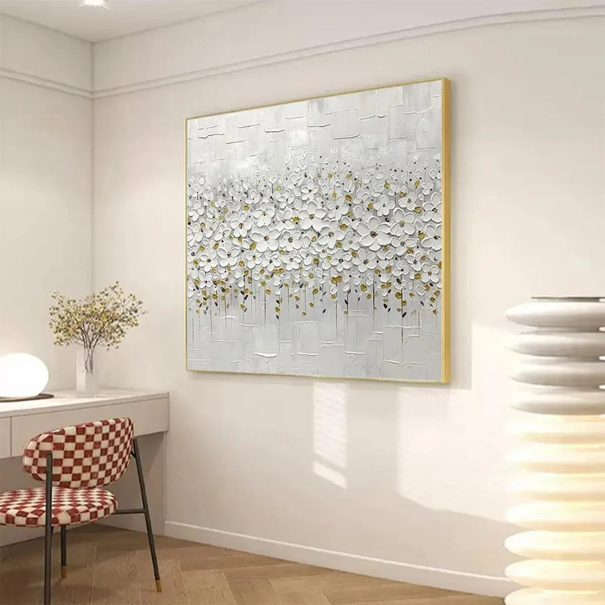White Blossom Field – Floral Textured Painting, view 5