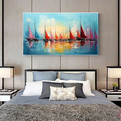 Regatta At Dawn hand-painted ocean blue, ivory and soft neutral tones textured sailboat seascape painting shown as stretched canvas