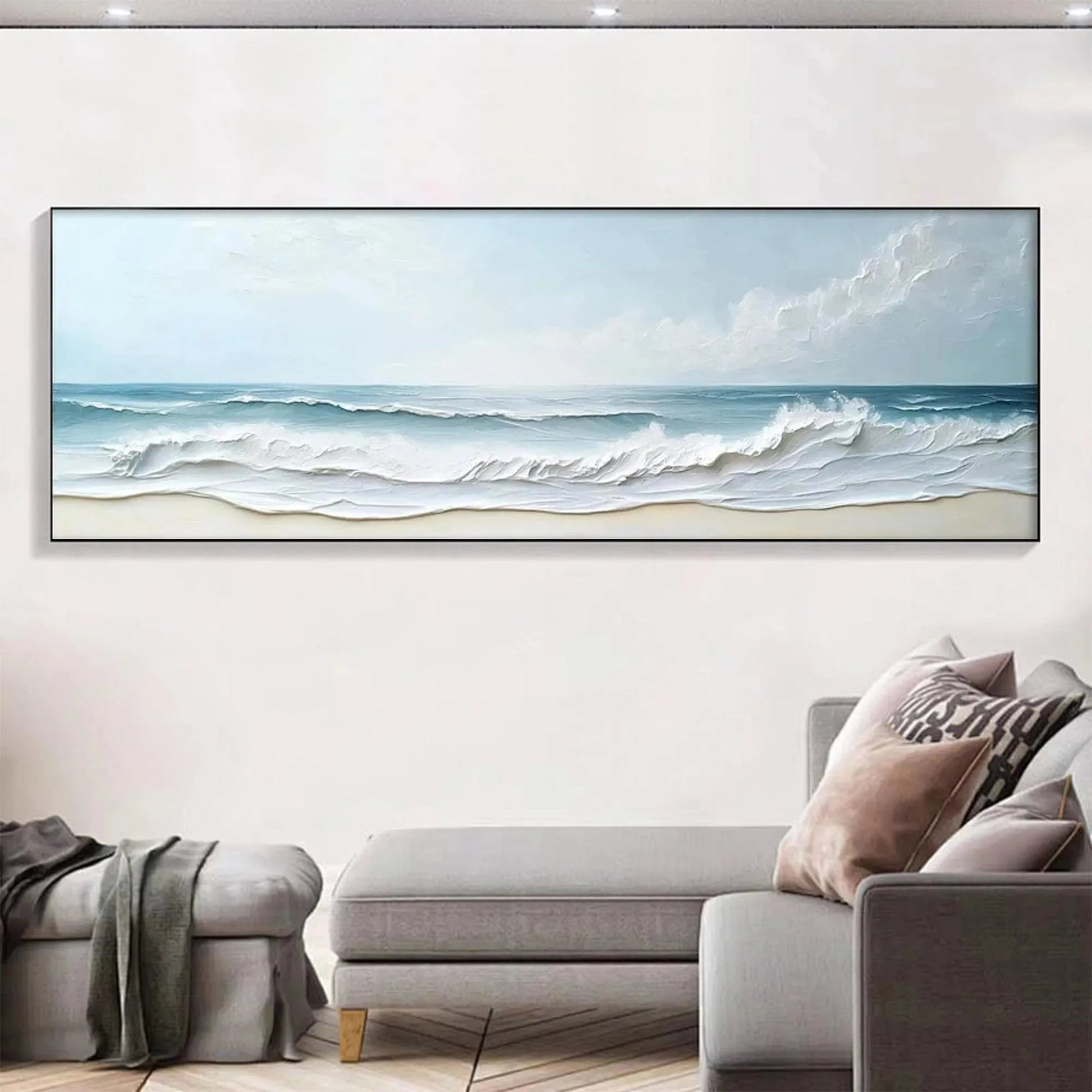 Ocean Waves hand-painted ocean blue, ivory and soft neutral tones textured seascape painting shown with white frame
