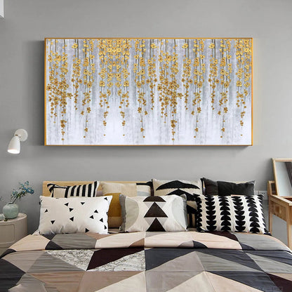 Gold and Grey Minimalist Floral Oil Painting – Golden Rain