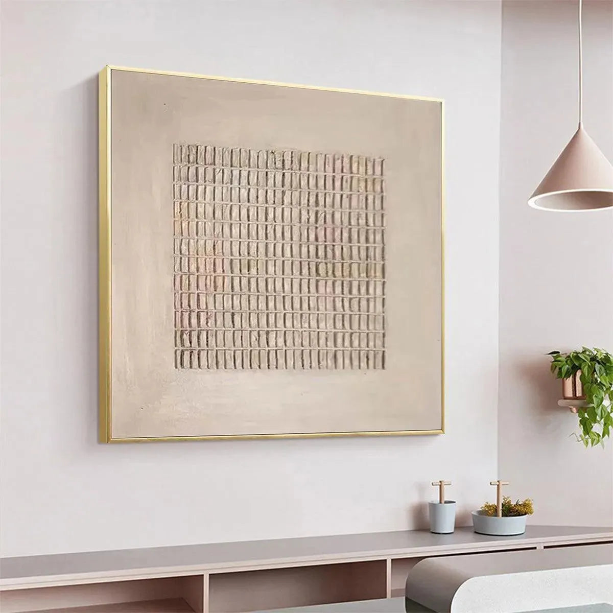 Beige Grid – Wabi-Sabi Geometric Oil Painting, view 5