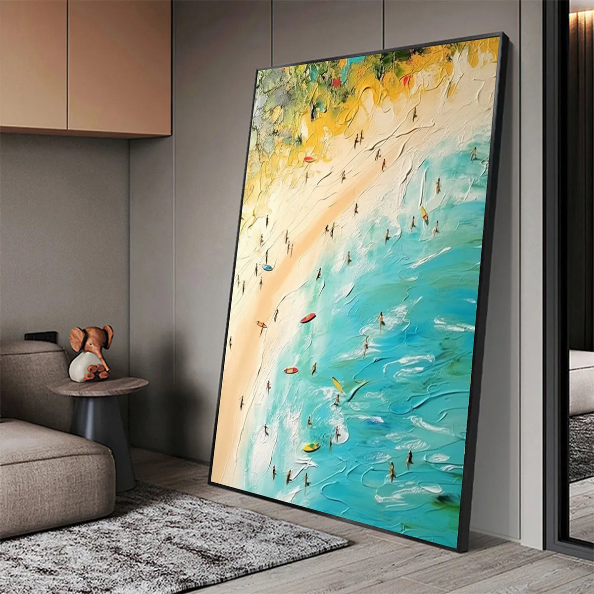 Seaside Reverie hand-painted sand and ivory textured beach scene painting shown with wood frame