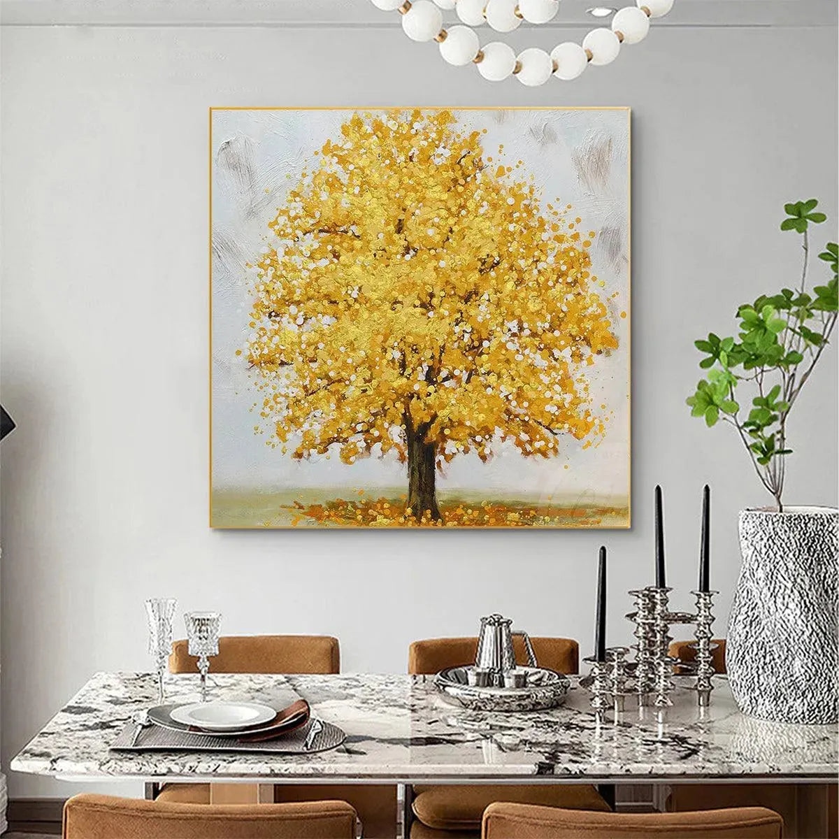 Golden Majesty hand-painted gold and ivory textured tree painting shown with wood frame
