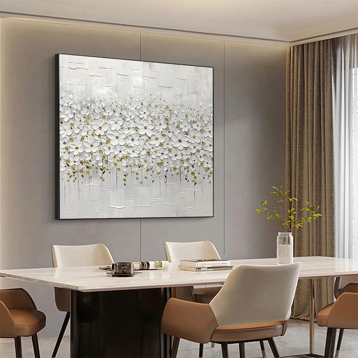 Gold and White Floral Textured Painting – White Blossom Field