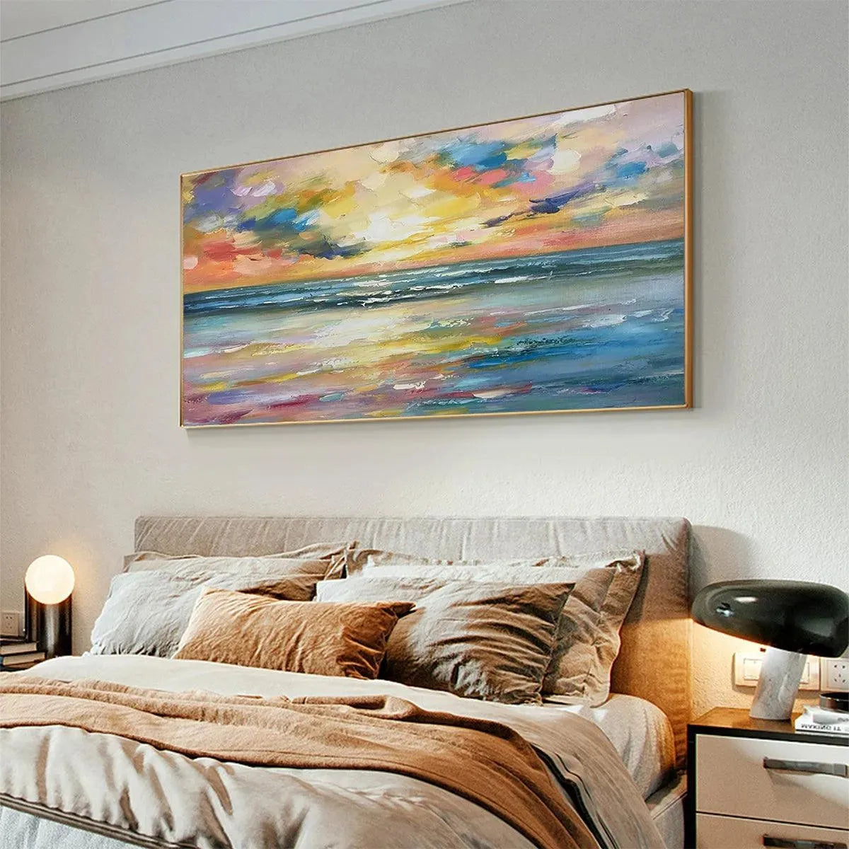 Seaside Sunset Serenade hand-painted ocean blue, ivory and soft neutral tones textured sunset seascape painting shown with wood frame