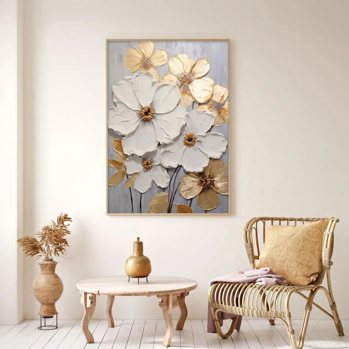 Gold and White Floral Impasto Painting – Golden Whispers