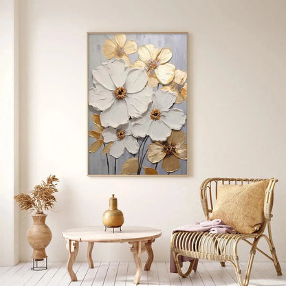 Gold and White Floral Impasto Painting – Golden Whispers
