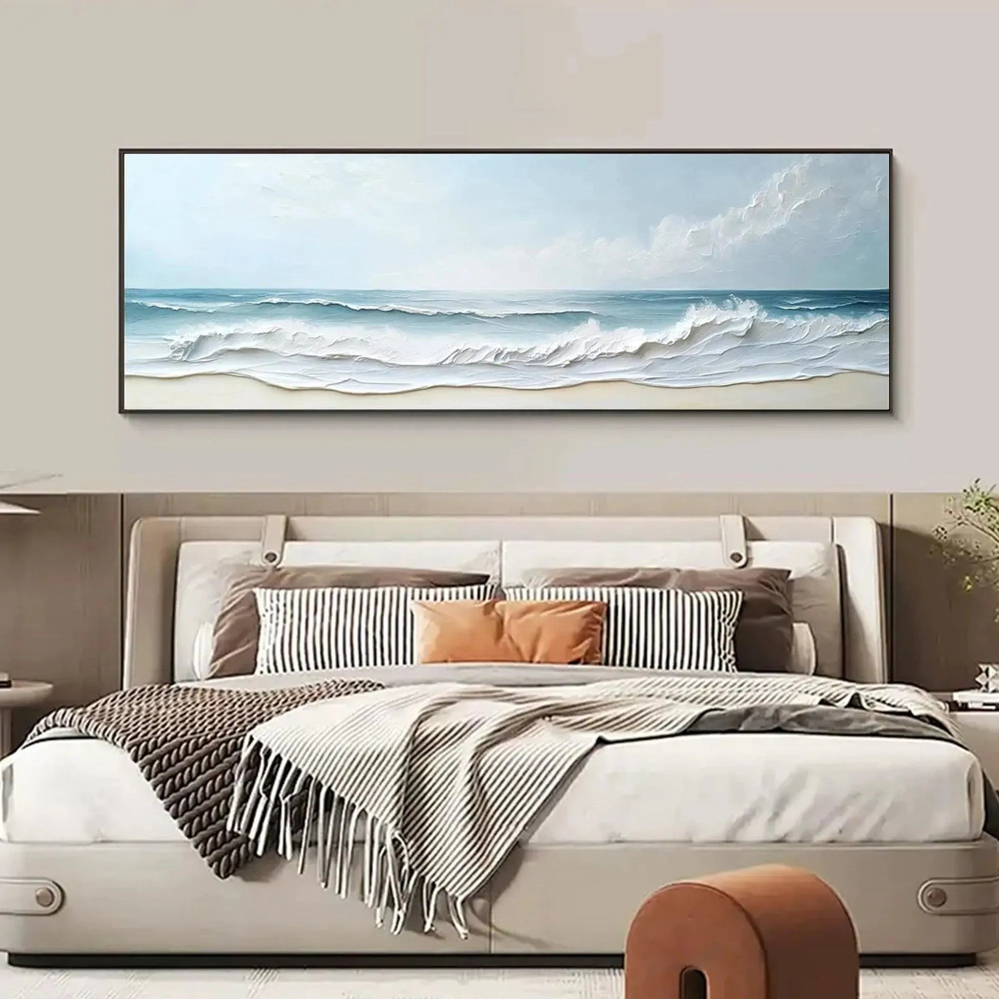 Ocean Waves hand-painted ocean blue, ivory and soft neutral tones textured seascape painting shown as stretched canvas