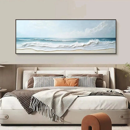 Ocean Waves hand-painted ocean blue, ivory and soft neutral tones textured seascape painting shown as stretched canvas