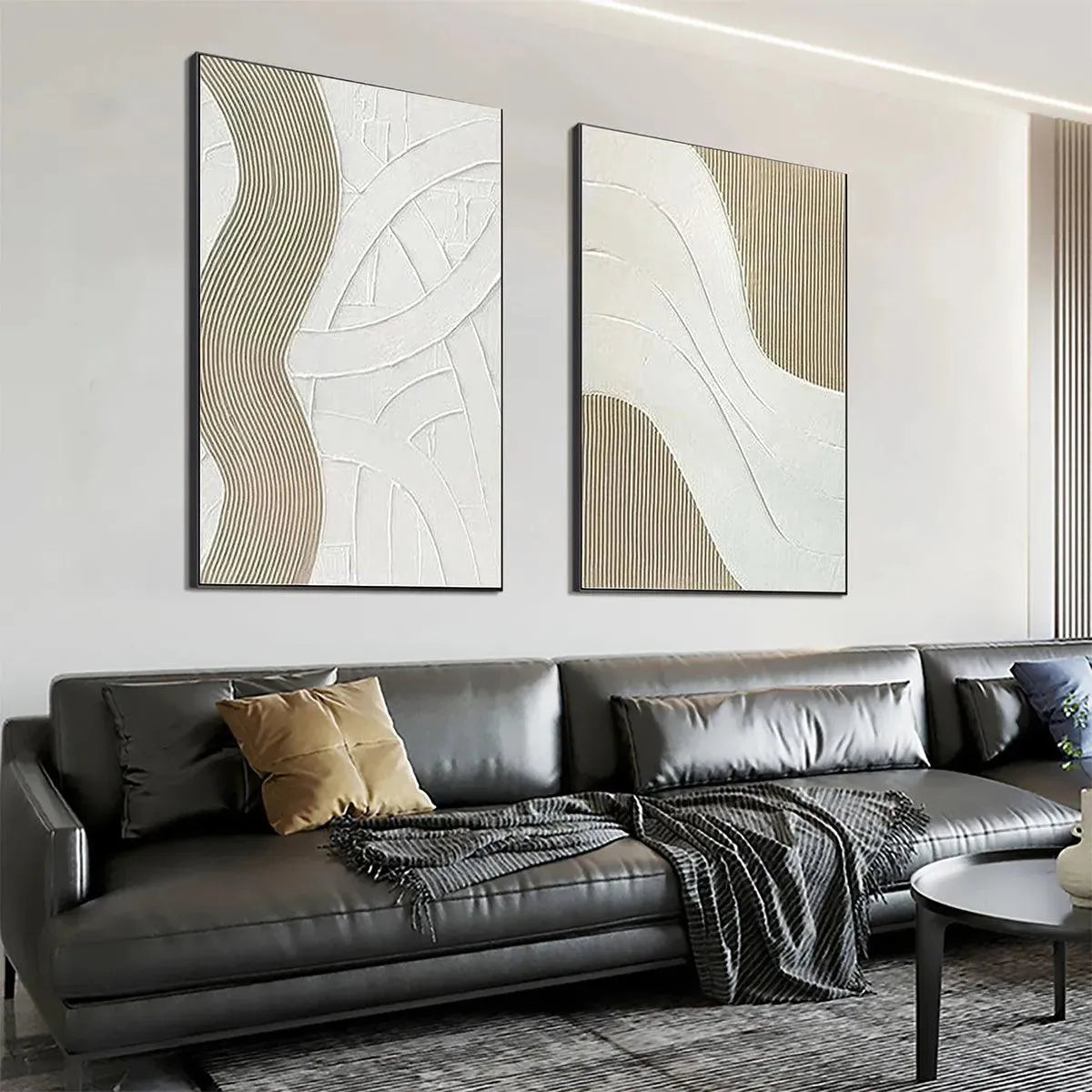 Textured White Lines Diptych – Wabi-Sabi Abstract Oil Painting, view 5