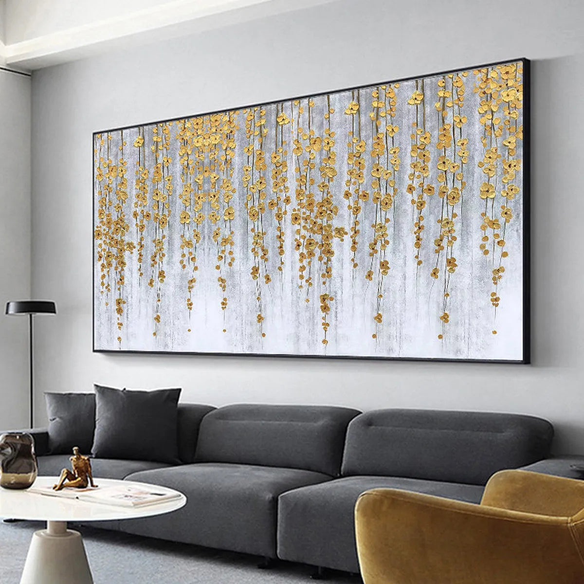 Gold and Grey Minimalist Floral Oil Painting – Golden Rain