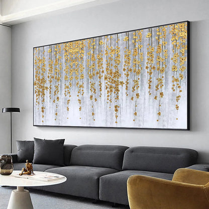 Gold and Grey Minimalist Floral Oil Painting – Golden Rain