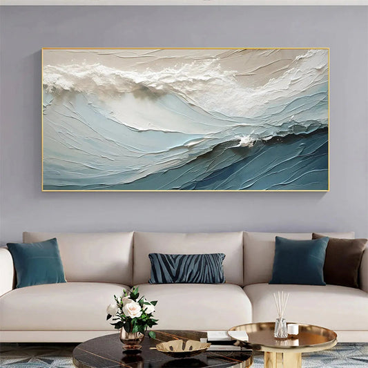 Oceanic Symphony hand-painted beige and ivory textured ocean wave painting shown as stretched canvas