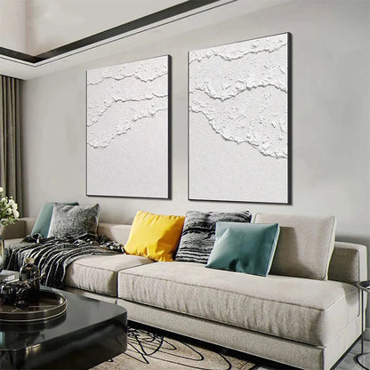 White Wabi-Sabi Seascape Impasto Oil Painting – White Textured Waves Diptych
