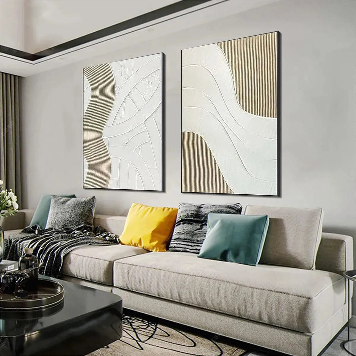 White Wabi-Sabi Abstract Textured Oil Painting – Textured White Lines Diptych