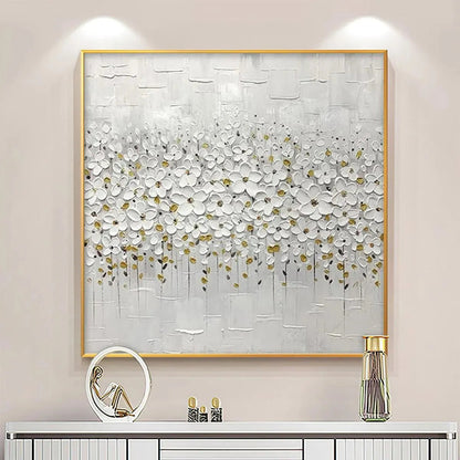 Gold and White Floral Textured Painting – White Blossom Field