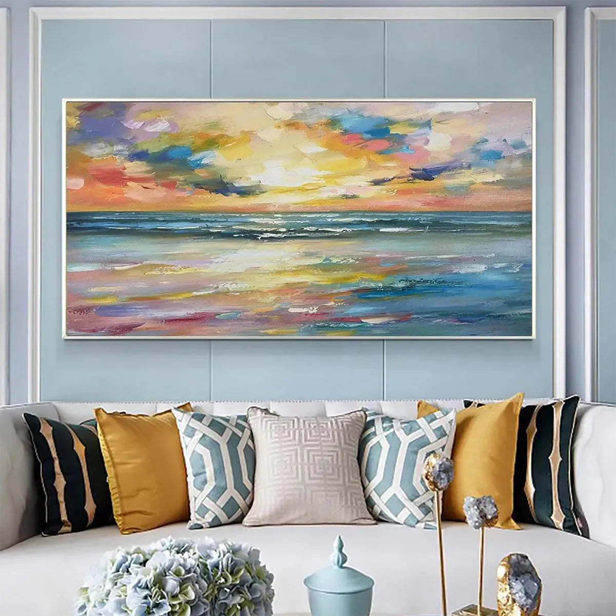 Seaside Sunset Serenade hand-painted ocean blue, ivory and soft neutral tones textured sunset seascape painting rolled canvas option