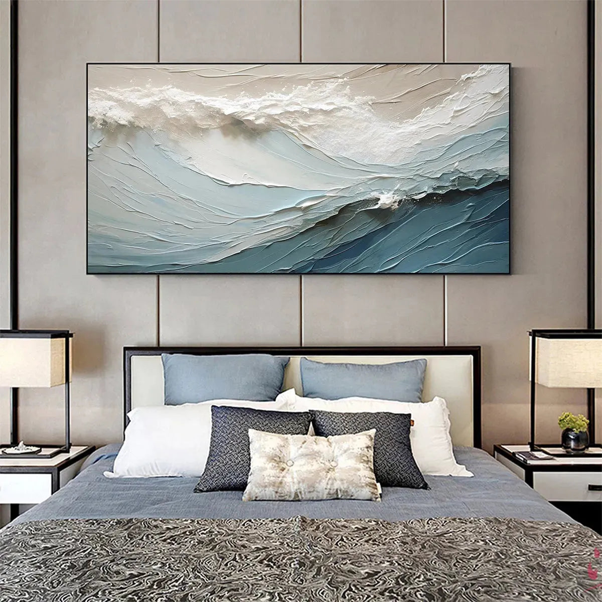 Oceanic Symphony hand-painted beige and ivory textured ocean wave painting shown with white frame