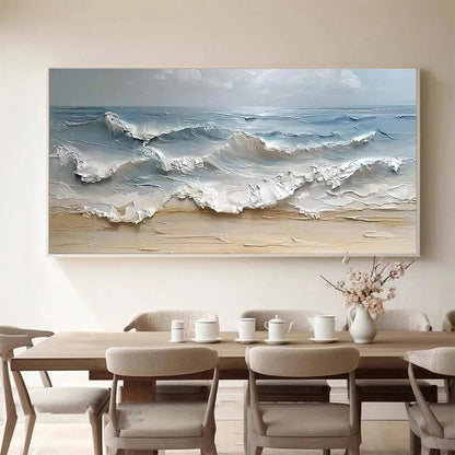 Ocean's Embrace hand-painted ocean blue, ivory and soft neutral tones textured seascape painting shown as stretched canvas