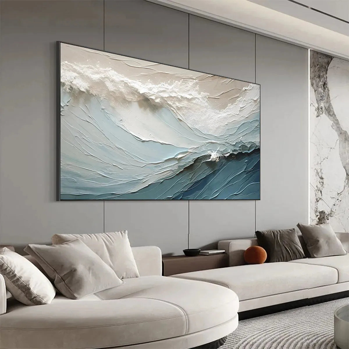 Oceanic Symphony hand-painted beige and ivory textured ocean wave painting shown with wood frame