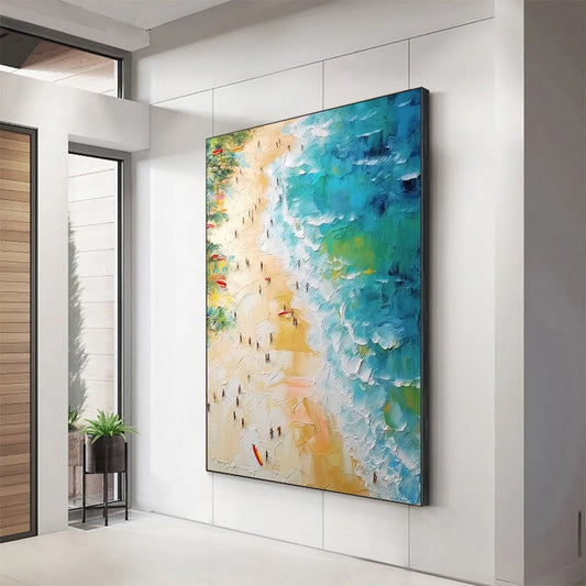 Tropical Paradise hand-painted ocean blue, ivory and soft neutral tones textured beach scene painting shown as stretched canvas