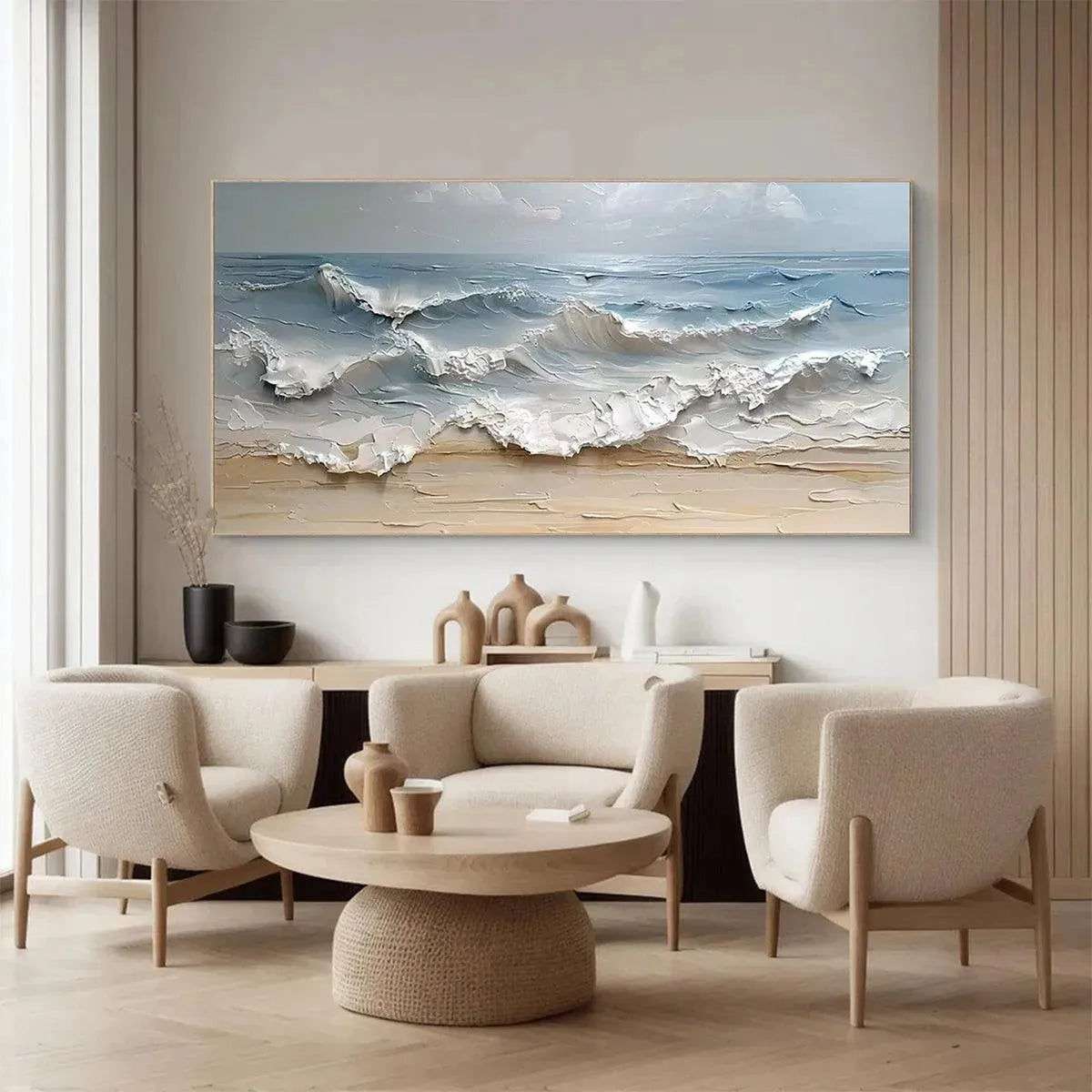 Ocean's Embrace hand-painted ocean blue, ivory and soft neutral tones textured seascape painting shown with white frame