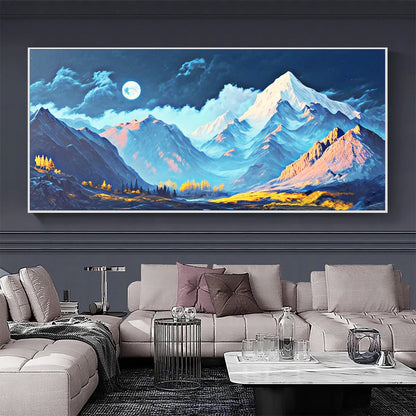 Moonlit Majesty hand-painted white, soft grey and slate blue textured mountain valley painting shown with wood frame
