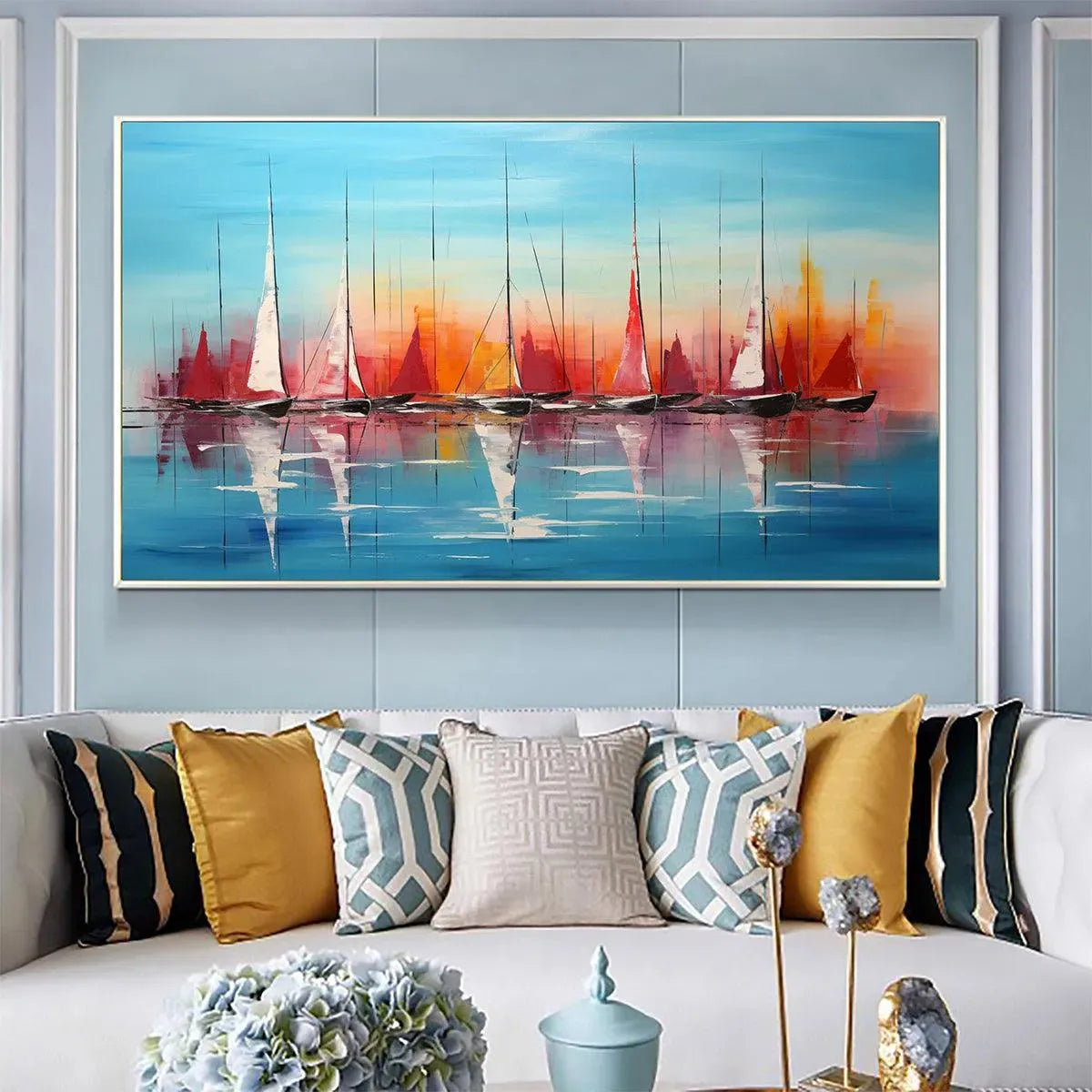 Harbor Sunset hand-painted ocean blue, ivory and soft neutral tones textured sailboat seascape painting shown with wood frame