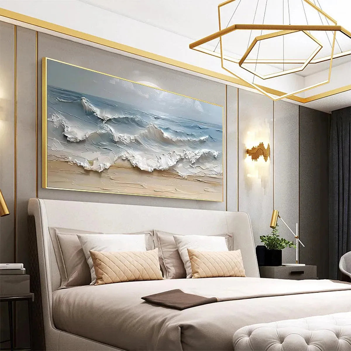 Ocean's Embrace hand-painted ocean blue, ivory and soft neutral tones textured seascape painting shown with black frame