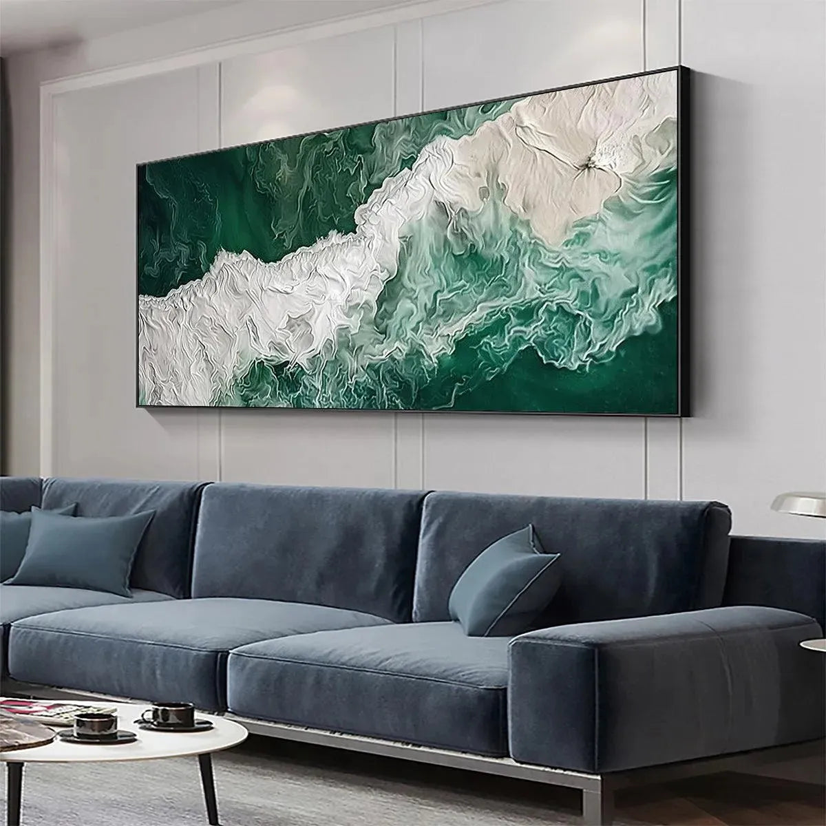 Emerald Flow hand-painted white and emerald green textured coastal abstract painting shown with white frame