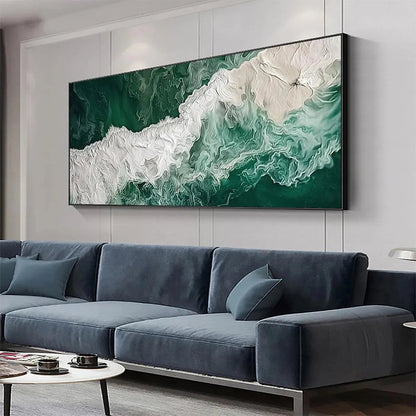 Emerald Flow hand-painted white and emerald green textured coastal abstract painting shown with white frame