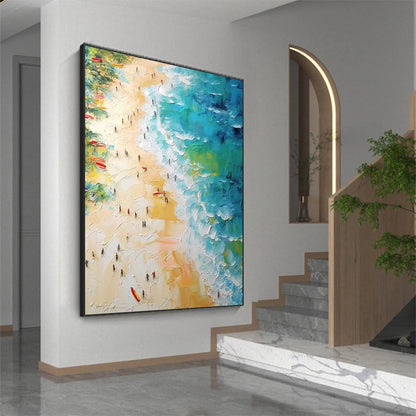 Tropical Paradise hand-painted ocean blue, ivory and soft neutral tones textured beach scene painting shown with silver frame