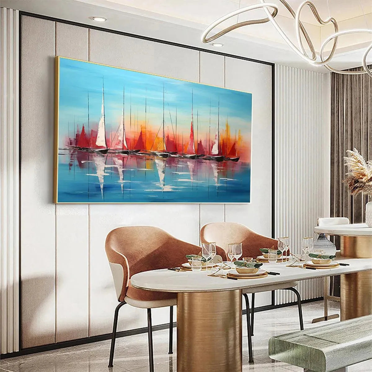 Harbor Sunset hand-painted ocean blue, ivory and soft neutral tones textured sailboat seascape painting rolled canvas option