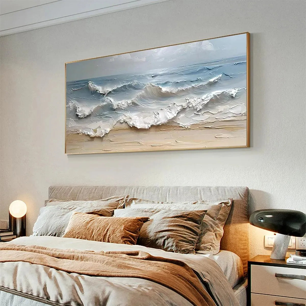 Ocean's Embrace hand-painted ocean blue, ivory and soft neutral tones textured seascape painting rolled canvas option