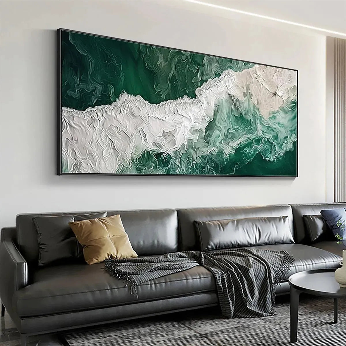 Emerald Flow hand-painted white and emerald green textured coastal abstract painting shown with wood frame