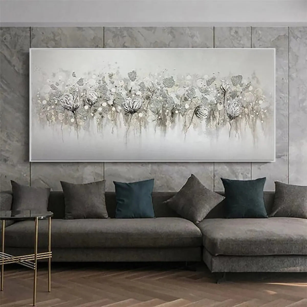Silver and Grey Minimalist Floral Oil Painting – Silver Mist