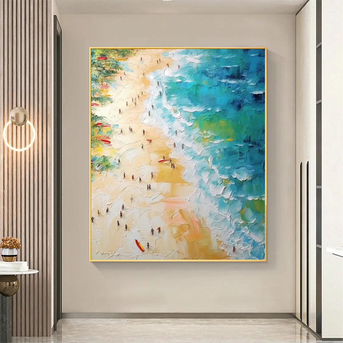 Tropical Paradise hand-painted ocean blue, ivory and soft neutral tones textured beach scene painting shown with white frame
