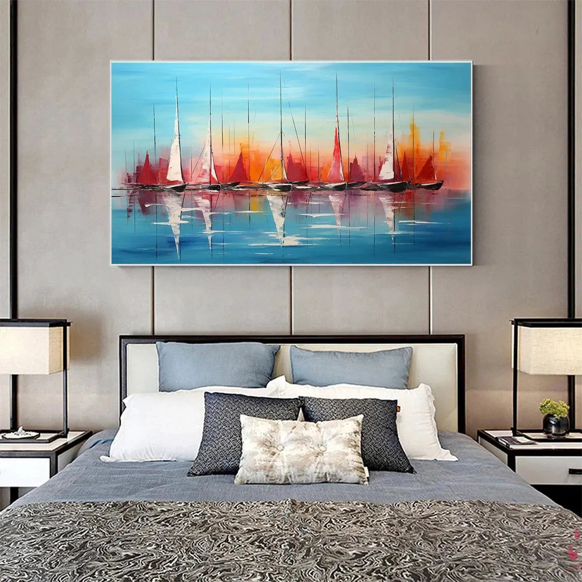 Harbor Sunset hand-painted ocean blue, ivory and soft neutral tones textured sailboat seascape painting shown as stretched canvas