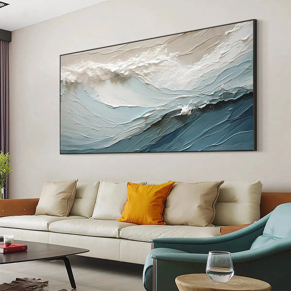 Oceanic Symphony hand-painted beige and ivory textured ocean wave painting shown as stretched canvas