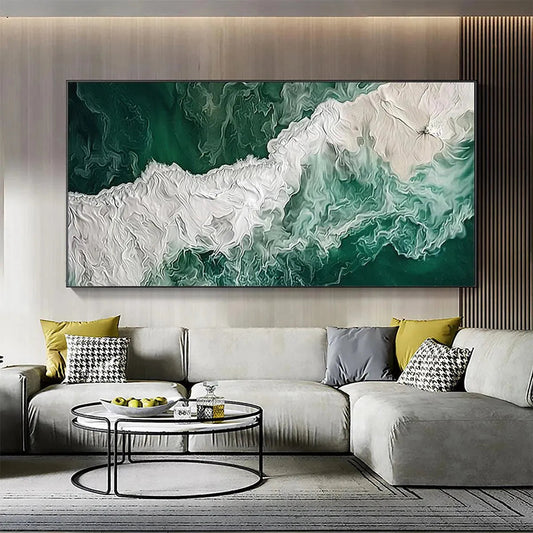 Emerald Flow hand-painted white and emerald green textured coastal abstract painting shown as stretched canvas