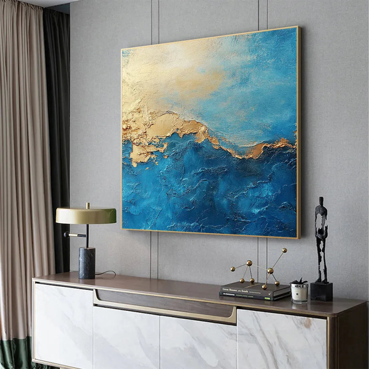 Gilded Tidepool hand-painted ocean blue and gold textured coastal abstract painting shown as stretched canvas