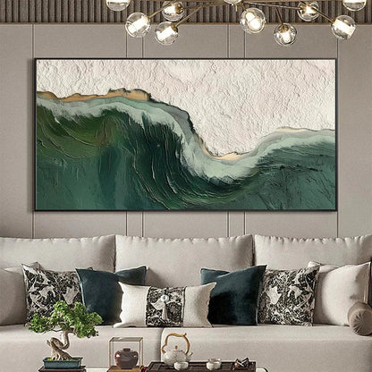 Emerald Depths hand-painted white and emerald green textured ocean wave painting shown as stretched canvas