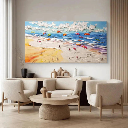 Seaside Celebration hand-painted sand and ivory textured beach scene painting shown with wood frame