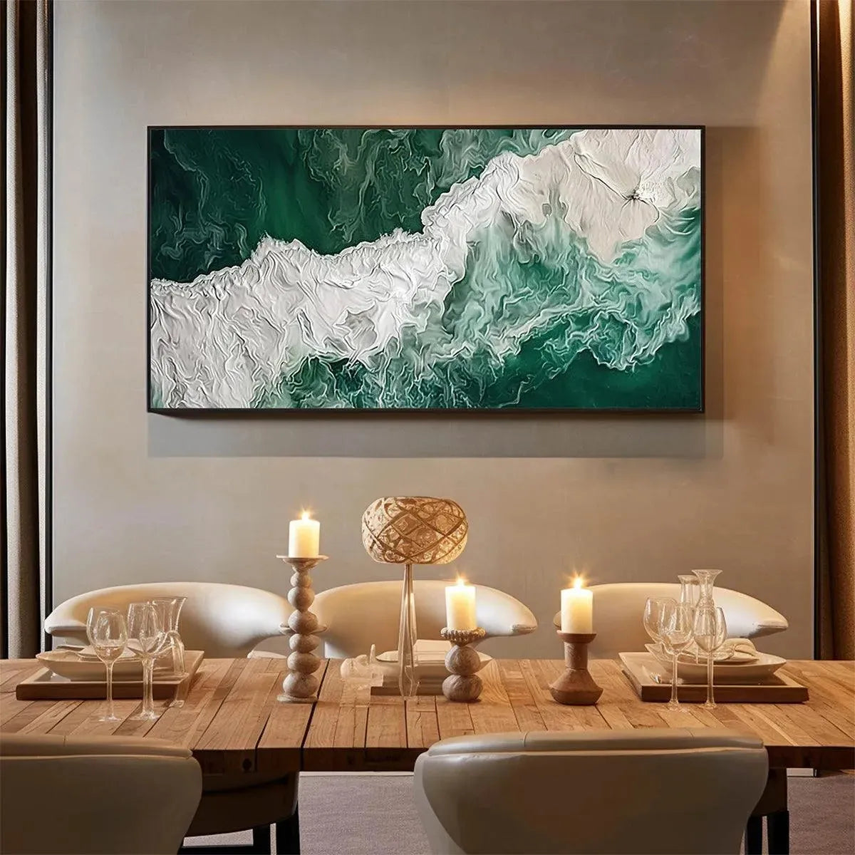 Emerald Flow hand-painted white and emerald green textured coastal abstract painting rolled canvas option
